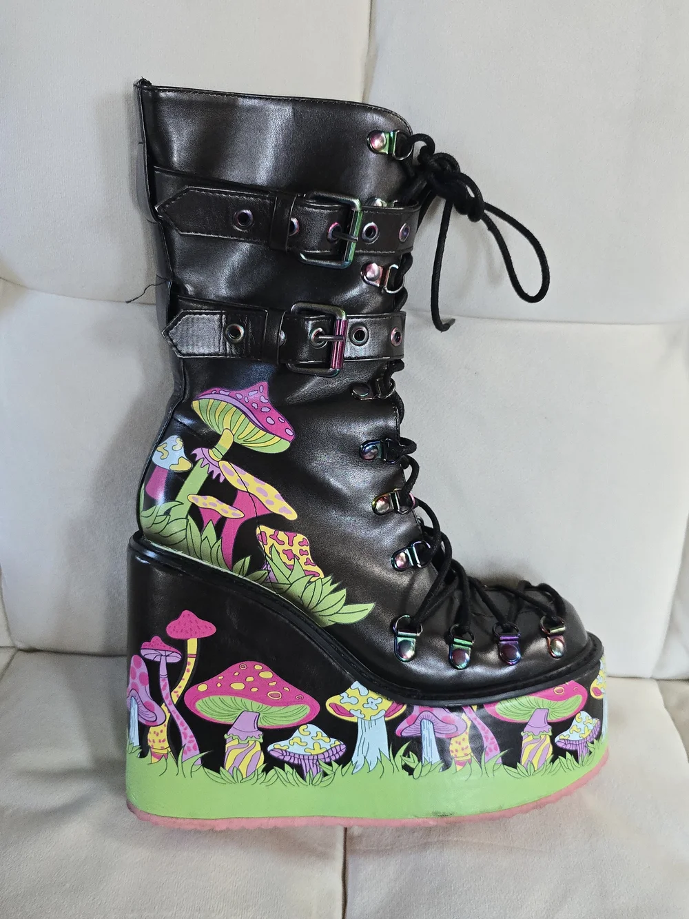Black Platform Lace-Up Boots with Neon Mushroom Print